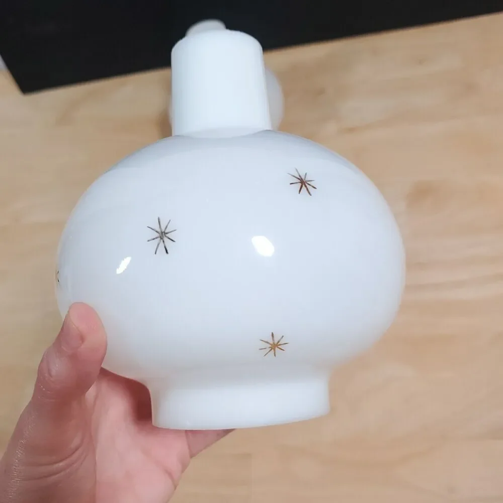 Pair of Milk Glass Atomic Star Pattern Gas Funnel Style Lamp Shades MCM Set 2